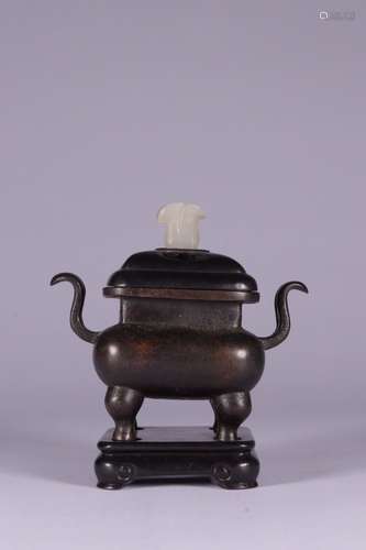 A Chinese Bronze Censer Embeded Jade Button With Base