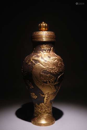 A Chinese Silver Ormolu Dragon Pattern Vase