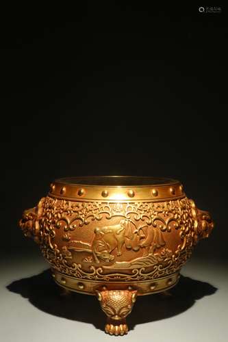 A Chinese Bronze Ormolu Beast Ears Tripod Censer