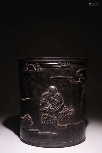 A Chinese Rosewood Figure Carving Brush Pot