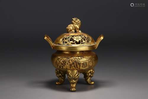 A Chinese Bronze Ormolu Figure Story Carving Tripod Censer