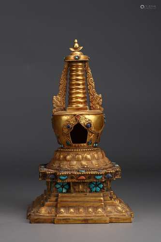 A Chinese Bronze Ormolu Pagoda Embeded Gems