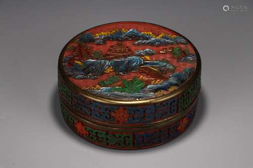 A Chinese Red Lacquerware Landscape Painting Box With Lid