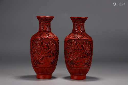 Pair Of Chinese Red Lacquerware Vases With Floral Carving