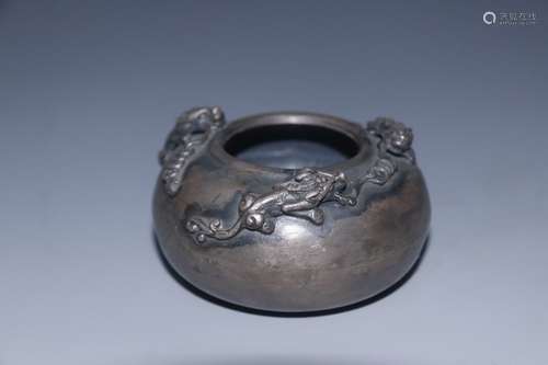 A Chinese Silver Brush Washer Of Beast Carving