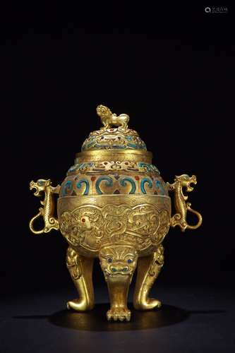 A Chinese Bronze Ormolu Beast Pattern Tripod Censer