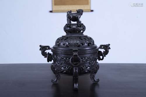 A Chinese Rosewood Beast Carving Censer