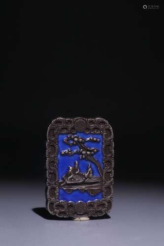 A Chinese Silver Enameled Blue Pendant With Figure Story Carving