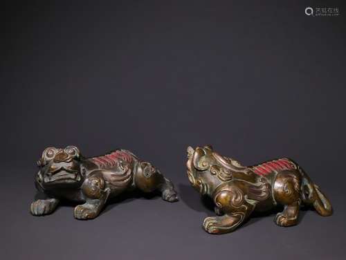 Pair Of Chinese Bronze Ware Beast Shaped Ornaments