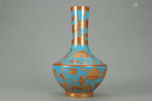 A Chinese Porcelain Blue Glazed Alum Red Vase With Golden Painting