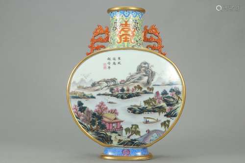 A Chinese Porcelain Famille Rose Landscape Oblate Vase