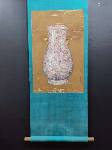 A Chinese Vertical Axis Painting Of Enameled Vase, Lang Shining Mark