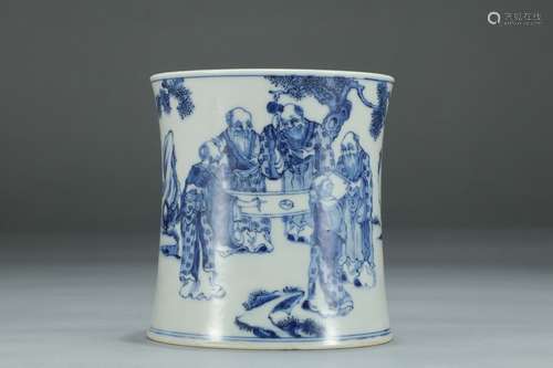 A Chinese Porcelain Blue And White Story Painting Brush Pot