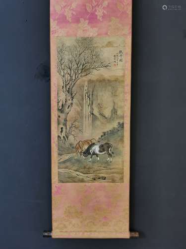 A Chinese Vertical Axis Painting Of Bulls Story, Zhao Mengfu Mark