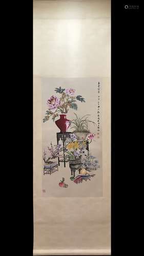 A Chinese Vertical Axis Painting Of Floral, Kong Xiaoyu Mark