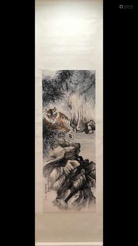 A Chinese Vertical Axis Painting Of Tiger, Zhang Shanzi Mark