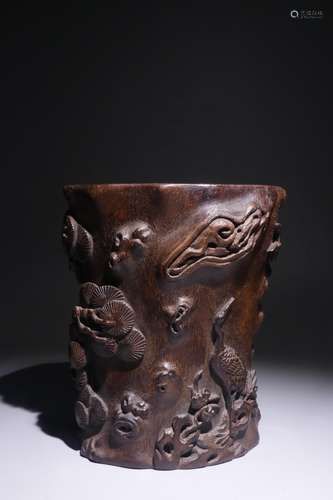 A Chinese Agarwood Brush Pot Of Landscape Carving