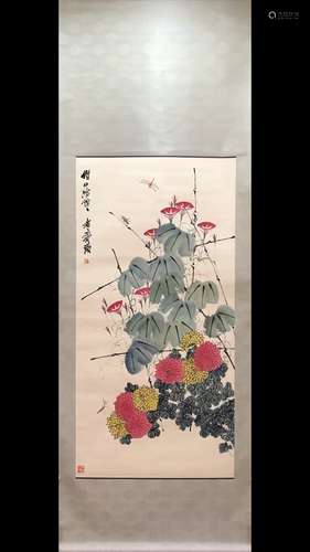 A Chinese Vertical Axis Painting Of Floral, Qi Baishi Mark