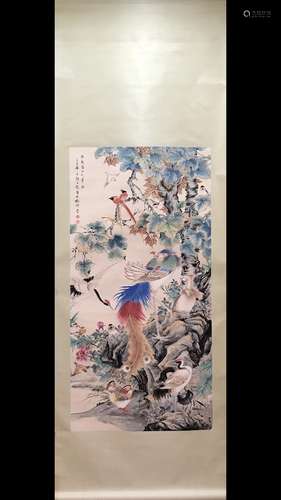 A Chinese Vertical Axis Painting Of Birds&Phoenix, Yan Bolong Mark