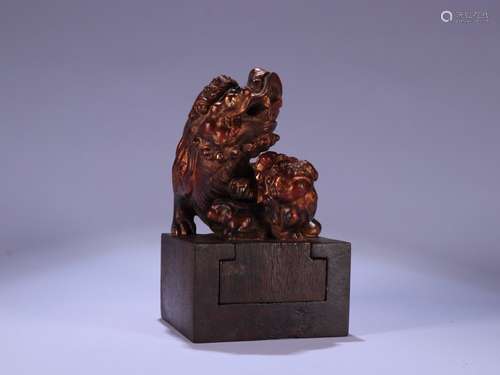 A Chinese Agarwood Seal Of Beast Shaping With Golden Painting