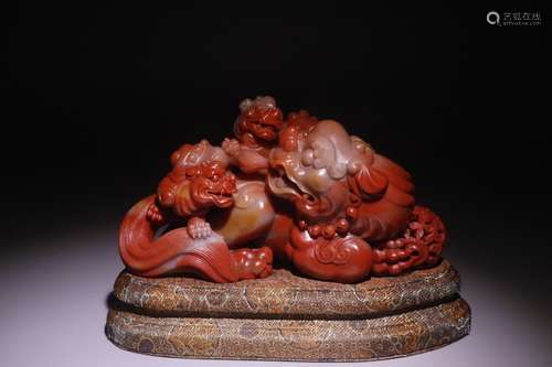 A Chinese Furong Stone Ornament With Lion Carving