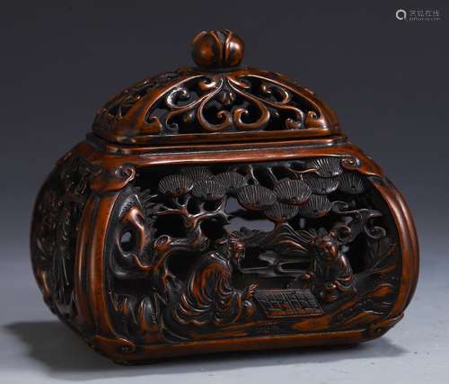 A Chinese Boxwood Figure Carving Box With Lid