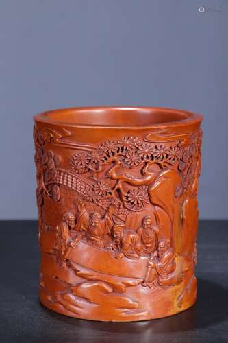 A Chinese Boxwood Story Carving Brush Pot