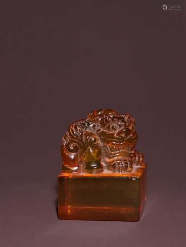 A Chinese Amber Seal Of Lion Carving