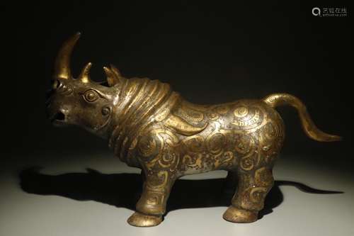 A Chinese Bronze Rhinoceros Shaped Ornament Embeded Gold&Silver