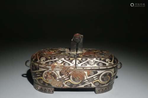 A Chinese Bronze Box With Lid Embeded Gold&Silver