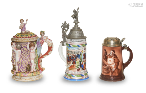 3 Antique Beer Steins, Late 19th - Early 20th Century