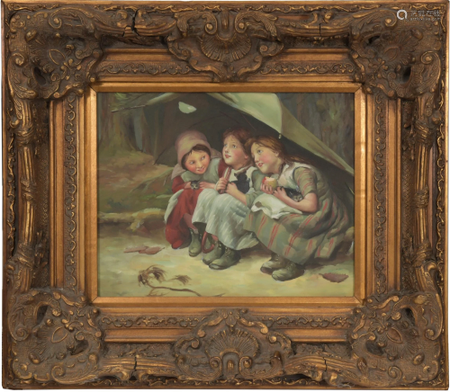Oil on Canvas of Three Young Girls with Kittens