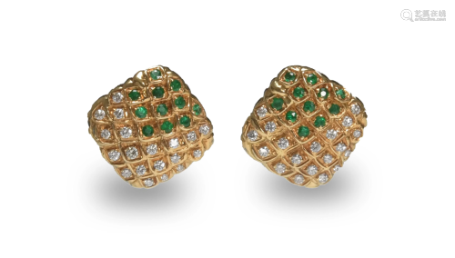 Bruno Guidi, 18K Gold Diamond and Emerald Earrings