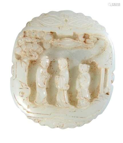 CHINE, XXe siècle Plaque pendentif en jade blanc…