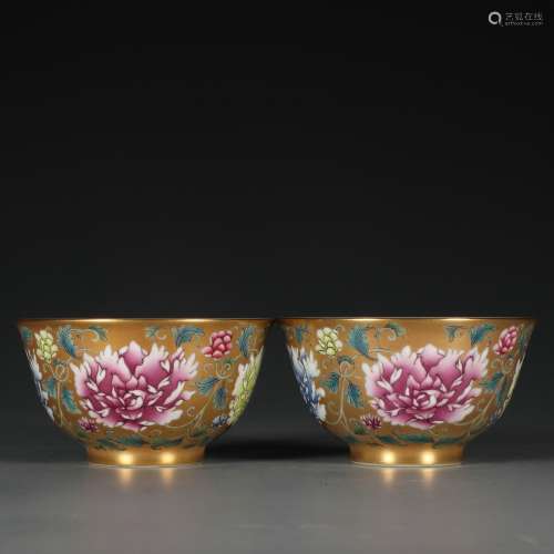 a pair of chinese gold ground floral cups,yongzheng period