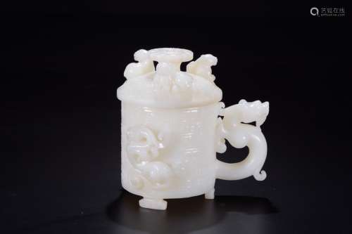 a chinese old collection hetian jade dragon cup and cover
