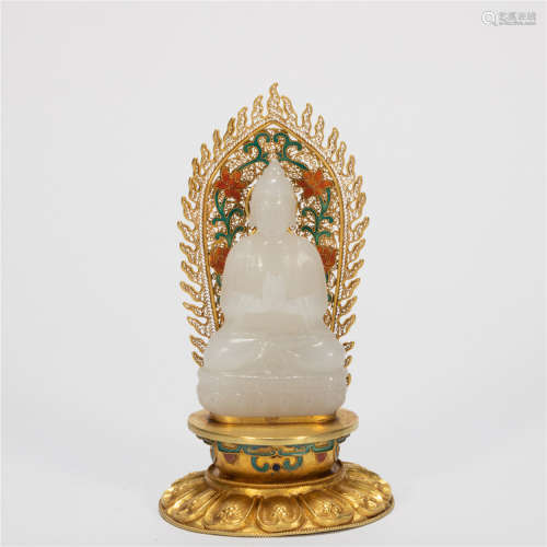 CHINESE JADE CARVED BUDDHA WITH A GOLD BASE