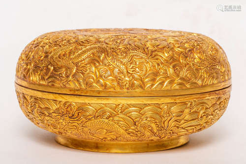 Chinese Bronze Gold Gilded Engraved Dragon Pattern Cover Box