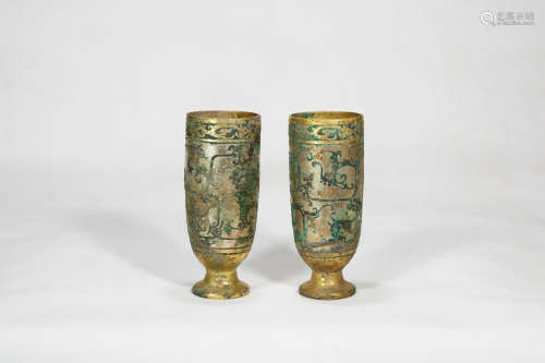 Chinese Pair Of Bronze Gold Gilded Beast Pattern Cups