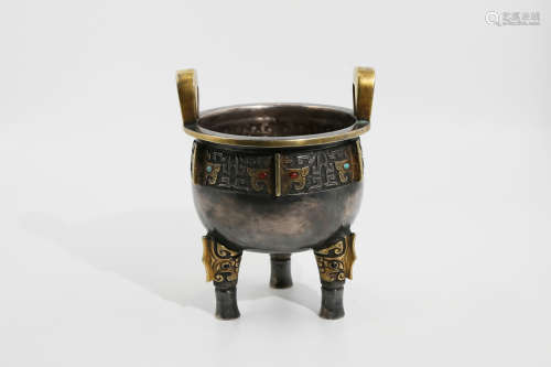 Chinese Rare Bronze Gold Gilded Tripod Furnace