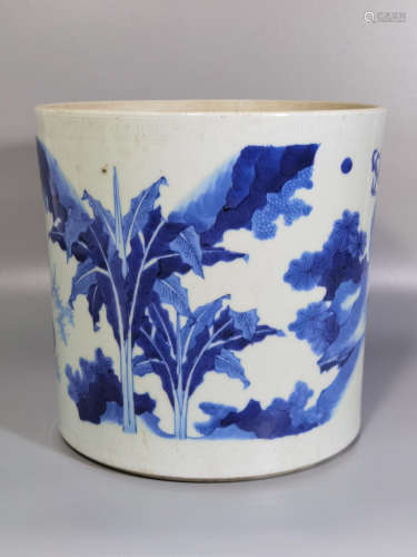 Chinese Ming Dynasty Chongzhen Blue And White Brush Pot
