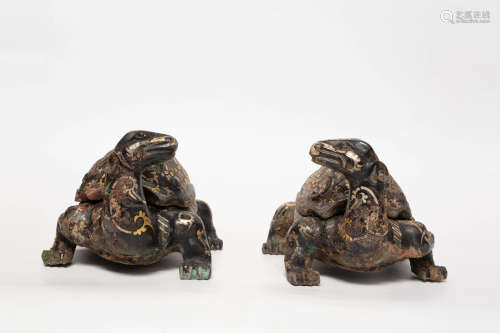 Chinese Pair Of Rare Tortoise Inkstone With Gold And Silver Painted