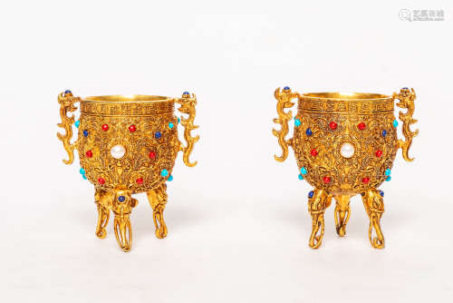 Chinese Pair Of Bronze Gold Gilded Tripod Vessel Inlaid With Gems