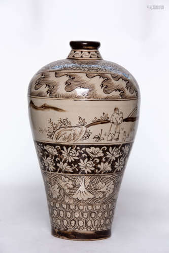 Chinese Jizhou Kiln Character Story Pattern Porcelain Bottle