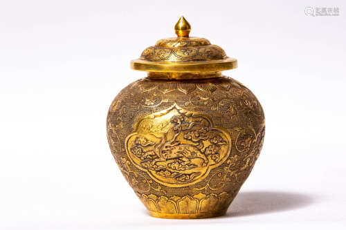 Chinese Bronze Gold Gilded Carved Flower Pattern Jar