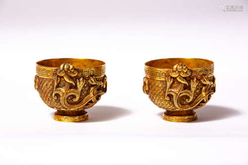 Chinese Pair Of Bronze Gold Gilded Engraved Dragon Pattern Bowls
