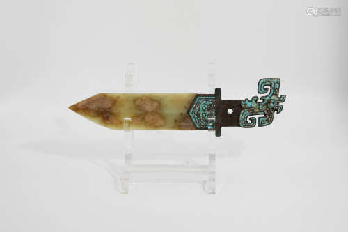 Chinese Early Bronze Dagger With Jade Handle