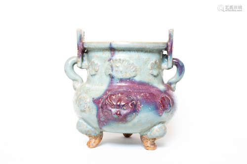 Chinese Exquisite Jun Kiln Porcelain Tripod Porcelain Binaural Furnace