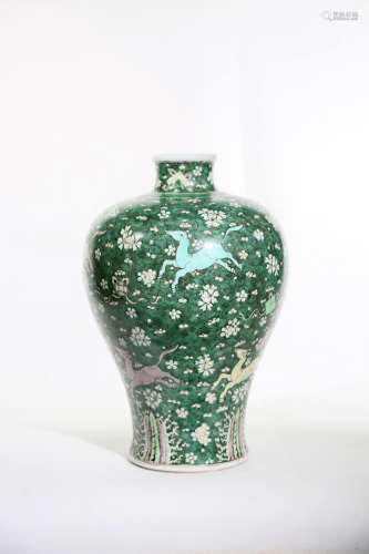 Chinese Green Glazed Deer Pattern Porcelain Bottle