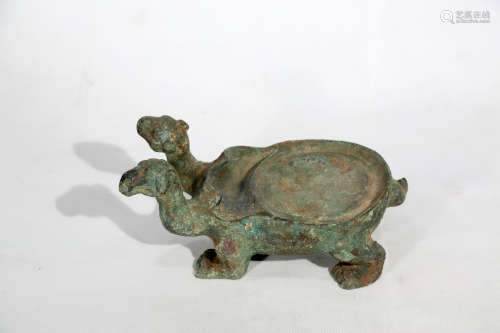 Chinese Rare Bronze Inkstone With Two Turtles